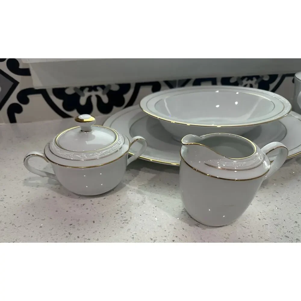 6 piece Noritake White Scapes Sugar/Creamer,Gravy Boat,Platter & Serving Bowl
